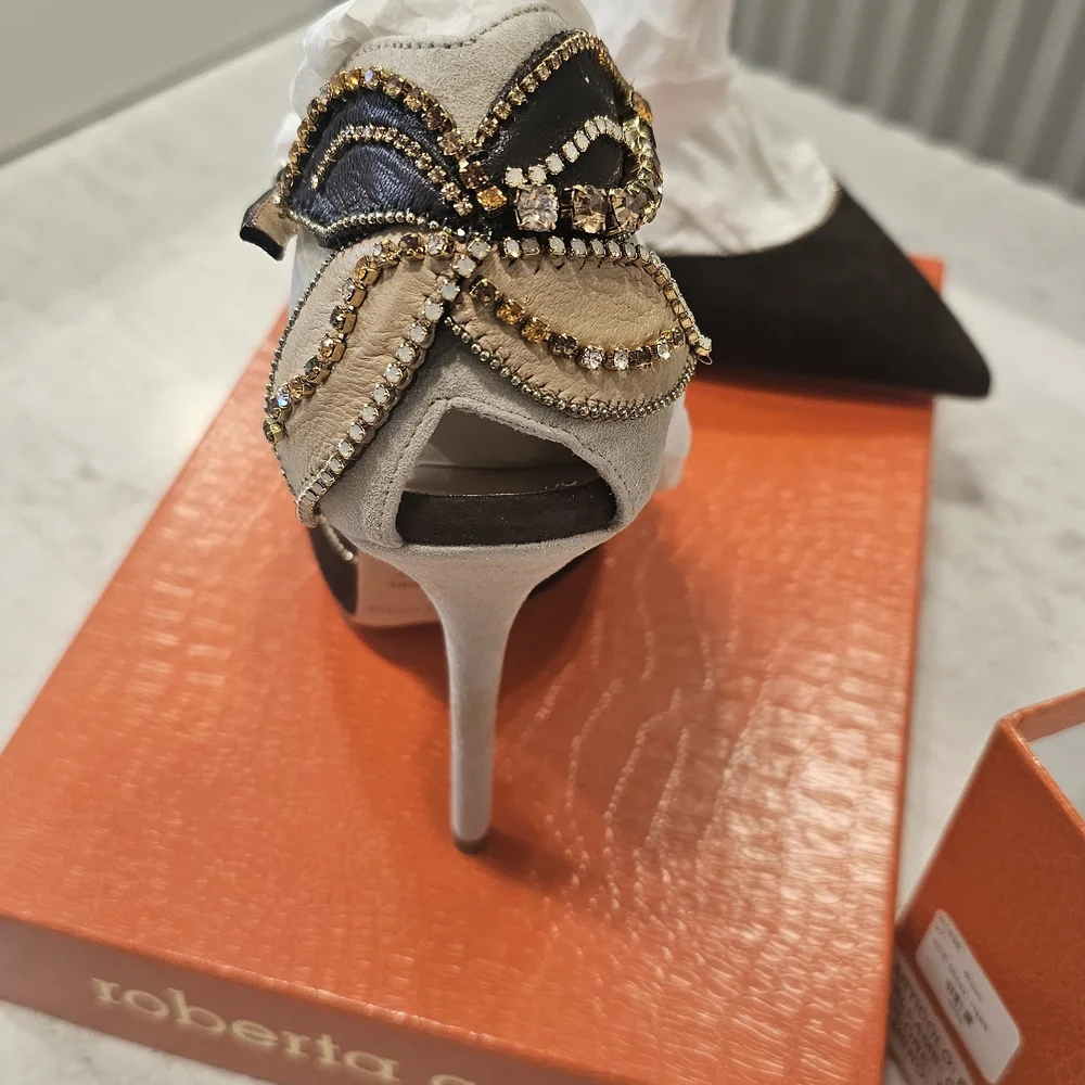 Roberto Cavalli Women’s Brown and Cream Embellished Suede Heels - Picture 6 of 16
